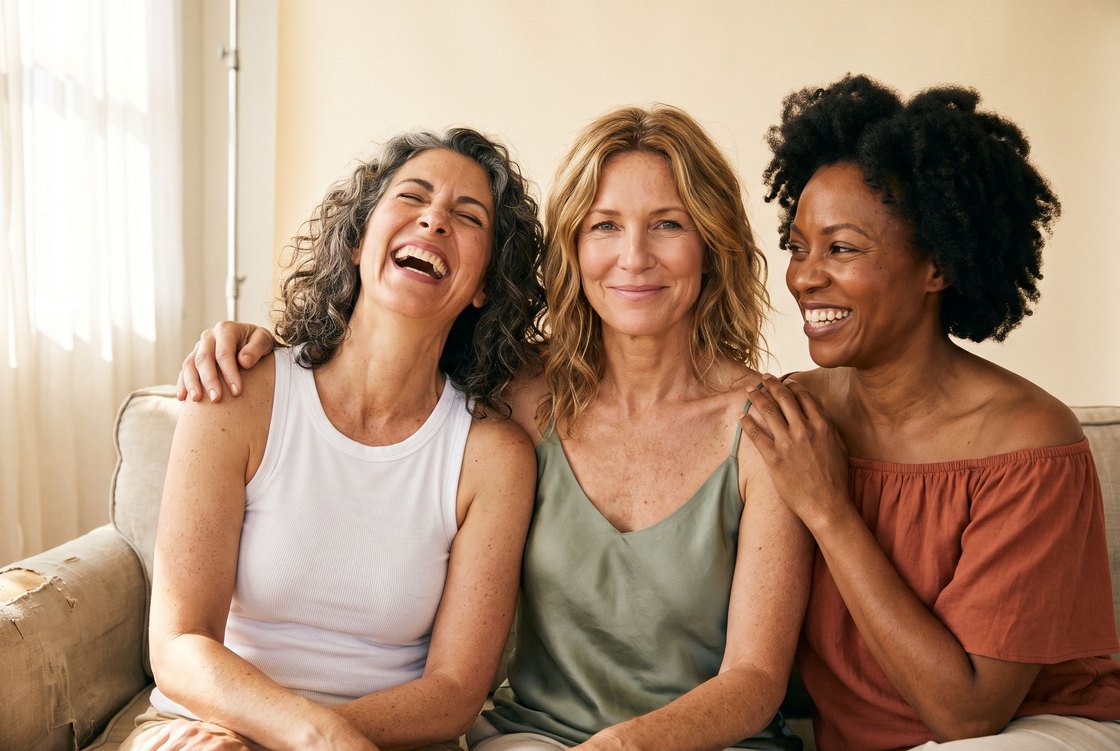 Three friends laughing together, arms around each other