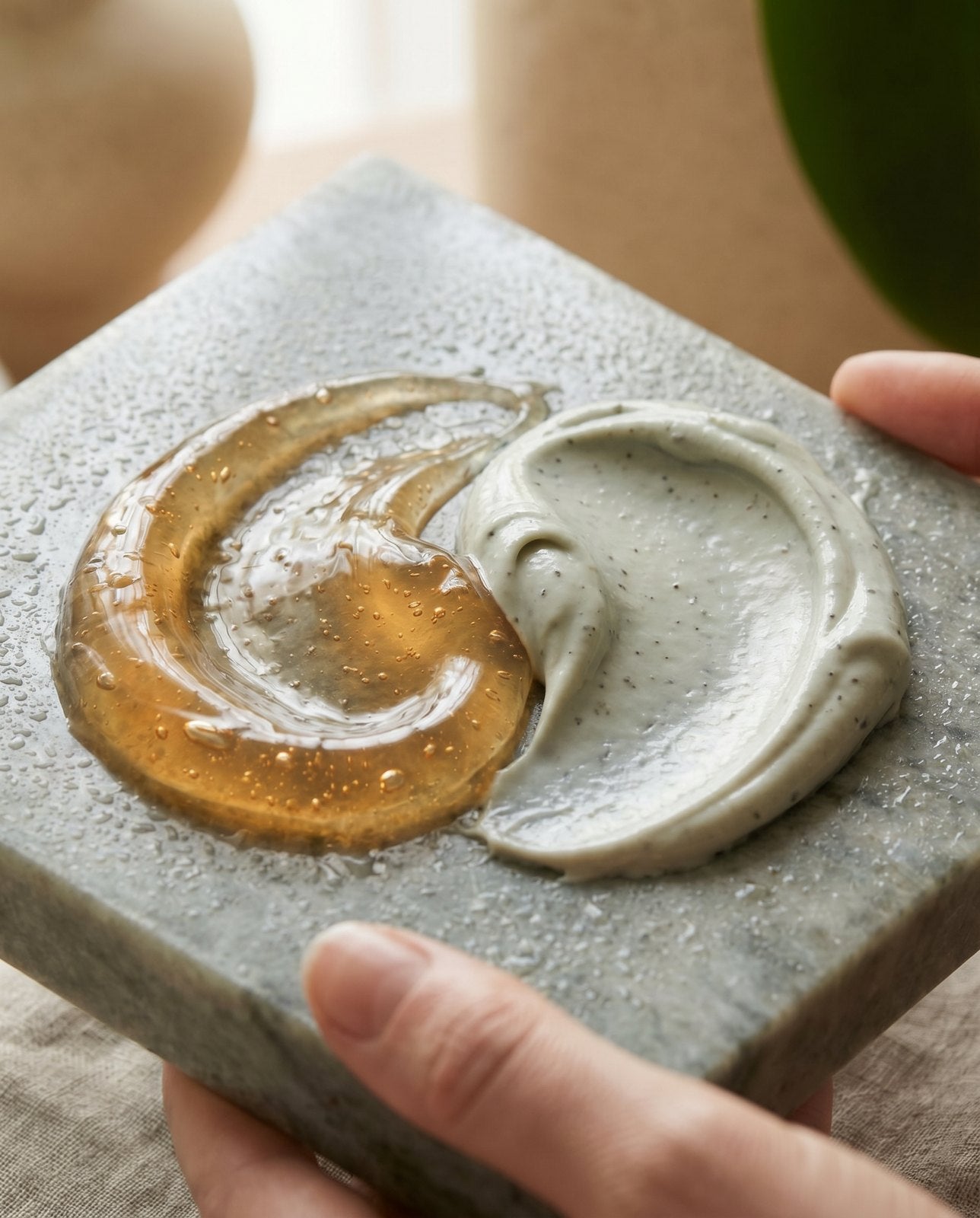 The golden cooling gel and the sage-green warming treatment, side by side