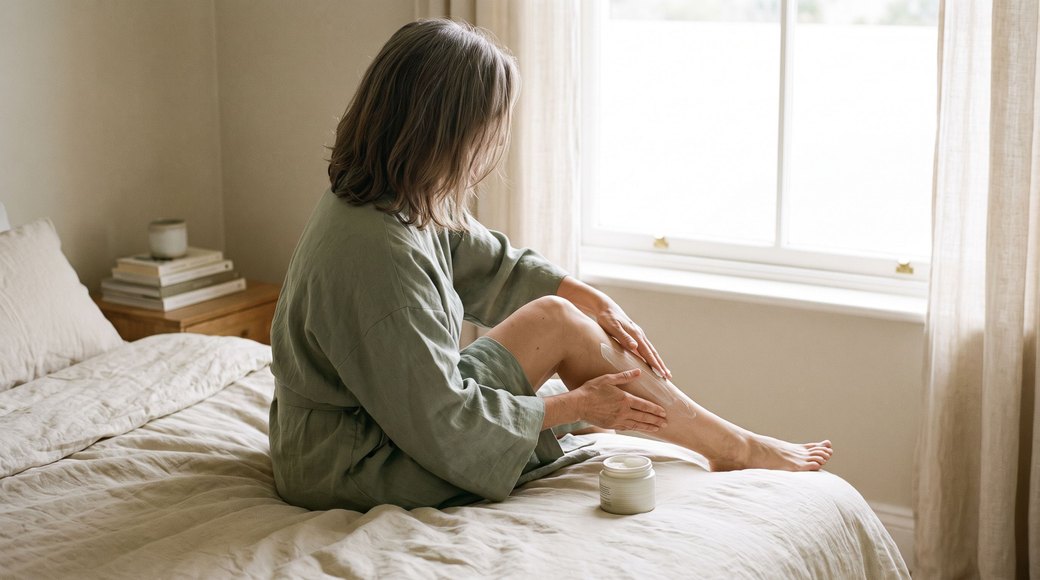 A woman applying body care in soft morning light