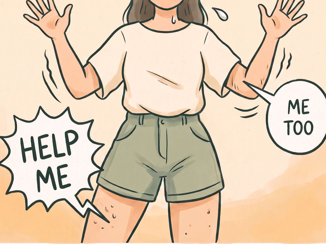Cartoon: a woman with her hands up while speech bubbles from her thigh and arm say HELP ME and ME TOO