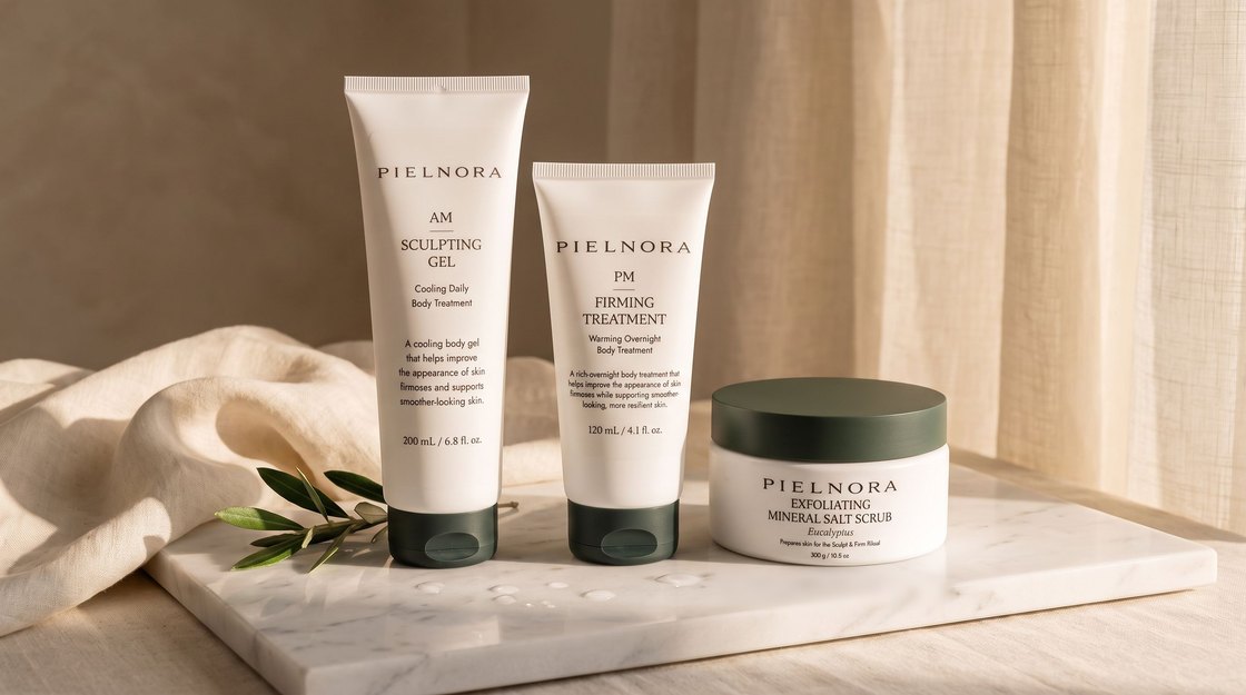 The Pielnora Sculpting Gel, Firming Treatment and Revitalizing Scrub together on stone