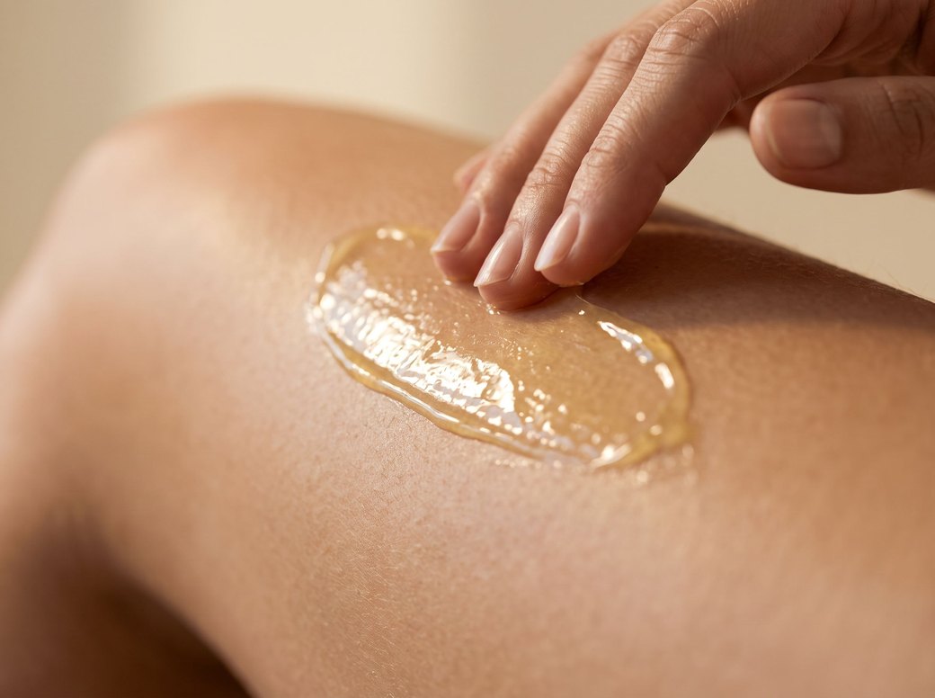 Fingertips smoothing golden gel across the skin